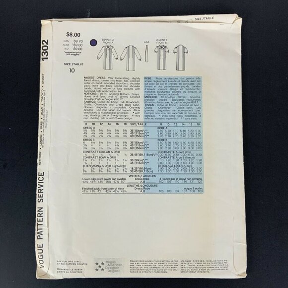 Vogue 1302 Albert Nipon Womens Designer Dress Sewing Pattern Size 10 Vintage - Picture 2 of 3